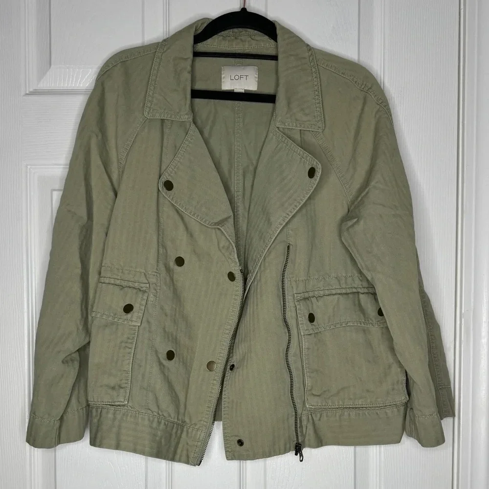 LOFT Olive Green Moto-Style Jacket Roll‎ Tab Sleeves Zip Up Linen Blend Size M